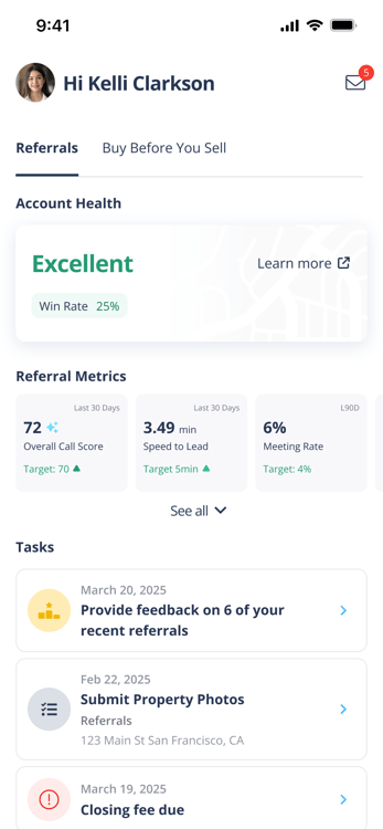 a screenshot of what agent account health looks like in the HomeLight app