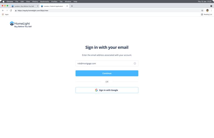 The sign in page for the Buy Before You Sell lender portal.